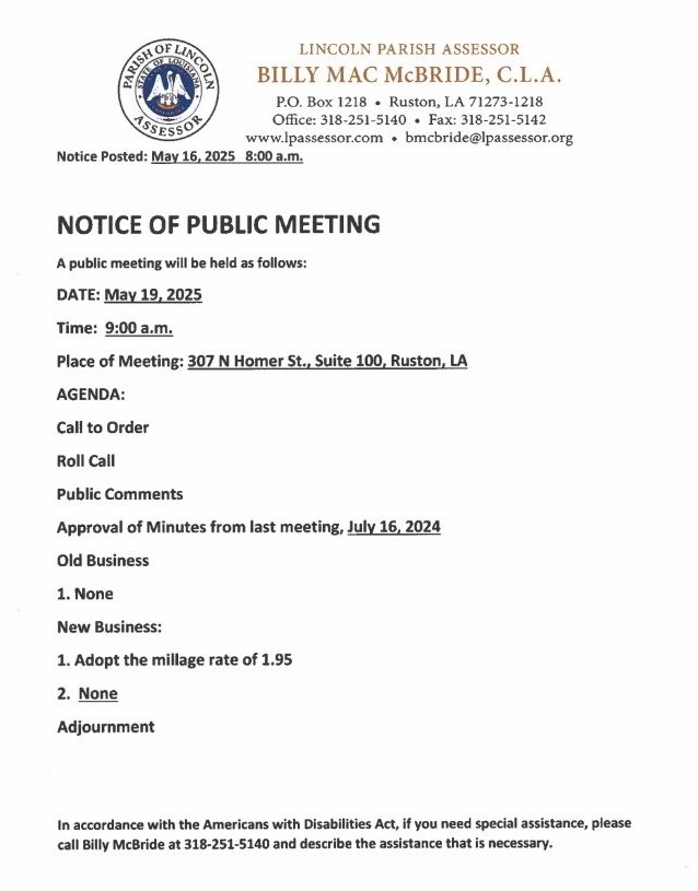 Notice of Public Meeting May 19, 2025